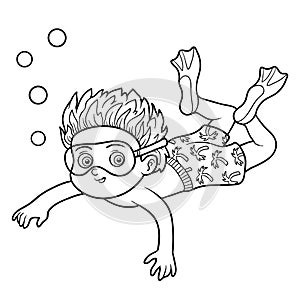 Coloring book, little boy swimming in the sea