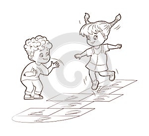 Coloring book little children, boy and girl, jumping fun, playing hopscotch. Vector illustration in cartoon style, black