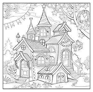 Coloring book for little children. Fantasy toy house in fairyland. Fabulous kingdom. Black and white drawing for kids worksheet.