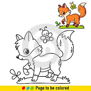 Coloring book with a little fox in a cartoon style. Black and white illustration