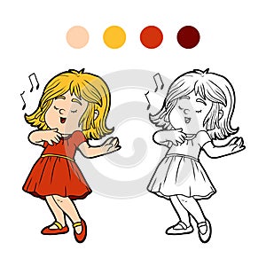 Coloring book: little girl in a red dress is singing a song