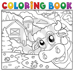 Coloring book lurking cow near farm