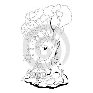 Coloring book: Magic house in roots of the tree. Fairy tale vector illustration