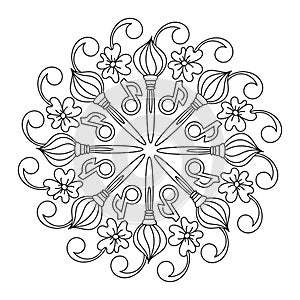 Coloring book. Mandala, artistic and musical creativity. Paint brushes, musical notes, and flowers. Vector illustration