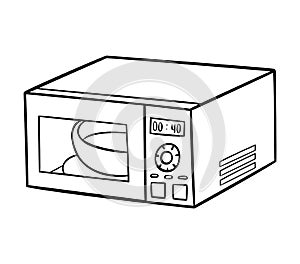 Coloring book. Microwave oven. Black and white cartoon kitchen appliances photo