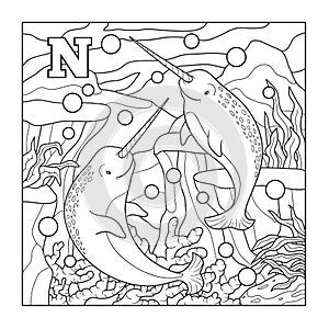 Coloring book (narwhal), colorless illustration (letter N)