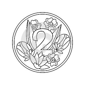 Coloring book. Number 2 with flowers, buds and leaves in a round frame, a decorative ornament for a greeting card