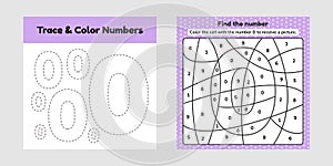 Coloring book number for kids. Worksheet for preschool, kindergarten and school age. Trace line. Write and color a null.