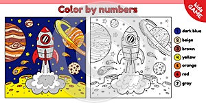 Coloring book by numbers with space rocket launch