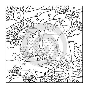 Coloring book (owl), colorless illustration (letter O)