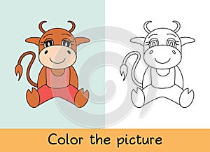 Coloring book. Ox, bull, cow and calf. Cartoon animall. Kids game. Color picture. Learning by playing. Task for children