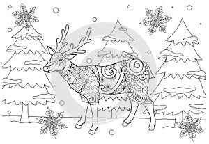 Coloring Book page for adult and kid. Colouring picture of zentangle stylized chiristmas deer in the winter and beautiful snowflak