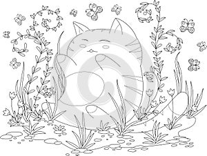 Coloring book page for adult and kids. happy kitten with flowers and leaves