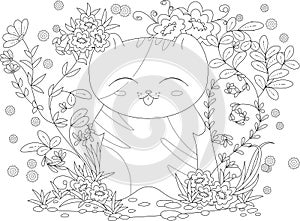 Coloring book page for adult and kids. happy kitten with flowers and leaves