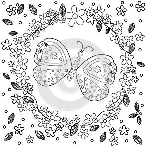 Coloring book page for adults line art creation, flowers and butterfly, relax and meditation vector