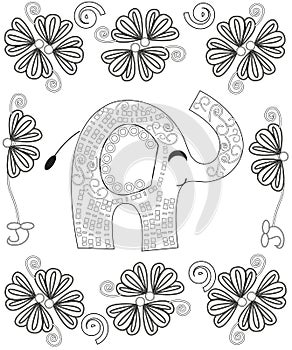 Coloring book page for adults line art creation, hand drawn elephant relax and meditation