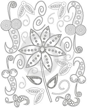 Coloring book page for adults line art creation, heart and flowers, relax and meditation