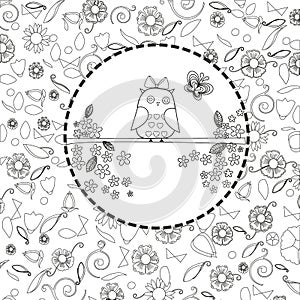 Coloring book page for adults line art creation, owls and flowers, relax and meditation