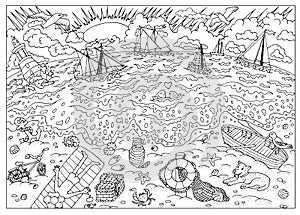 Coloring book page. Beach after storm