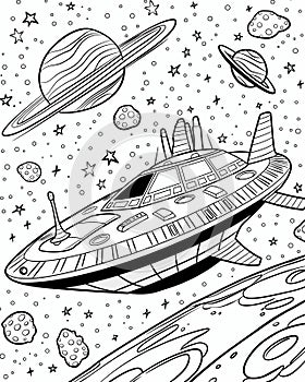 coloring book page, bold outline, space ship floating in outer space