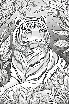 Coloring book page. Cartoon animals for kids, tiger. Generative AI