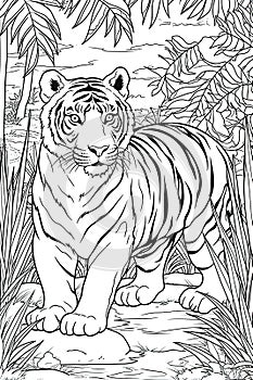 Coloring book page. Cartoon animals for kids, tiger. Generative AI