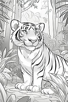 Coloring book page. Cartoon animals for kids, tiger. Generative AI