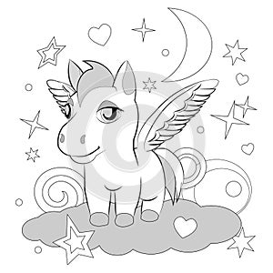 Coloring book page with cartoon pegasus pony.