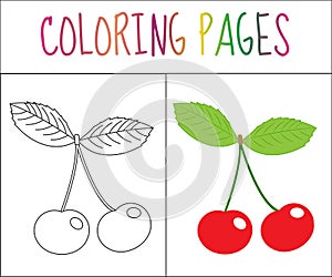 Coloring book page. Cherry. Sketch and color version. Coloring for kids. Vector illustration