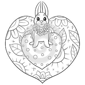 A coloring book,page for chidlren and adults ,an Easter rabbit on the heart  image for relaxing.Zen art style illustration