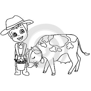 Coloring book or page child feeding cow vector