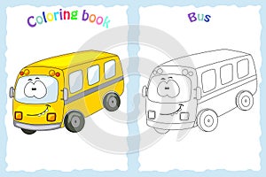 Coloring book page for children with colorful bus and sketch t