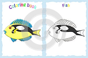 Coloring book page for children with colorful yellow fish and sketch to color. Preschool education.