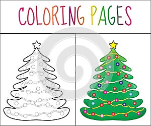 Coloring book page, Christmas Tree new year, christmas. Sketch and color version. Coloring for kids. Vector illustration