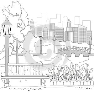 Coloring book page with city park landscape.