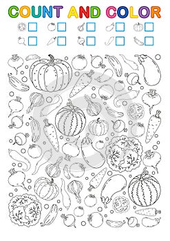 Coloring book page. Count and color. Printable worksheet for kindergarten and preschool. Exercises for study numbers. Bright Veget