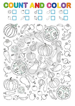 Coloring book page. Count and color. Printable worksheet for kindergarten and preschool. Exercises for study numbers. Bright Veget