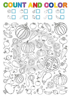 Coloring book page. Count and color. Printable worksheet for kindergarten and preschool. Exercises for study numbers. Bright Veget