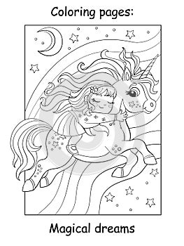 Coloring book page cute girl sleeps on the back of a flying unicorn