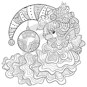 A coloring book,page a cute moon with Christmas hat and decoration balls,fruits and leaves for adults and children,