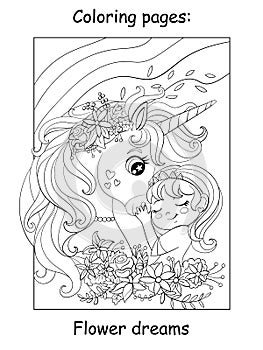 Coloring book page cute princess hugs with a unicorn