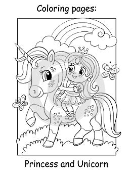 Coloring book page cute princess riding on a unicorn