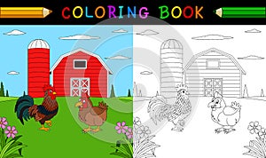 Coloring book or page. Cute rooster and hen in the farm