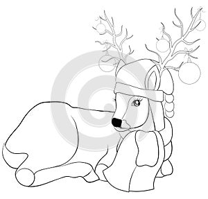 A coloring book,page a deer wearing a Christmas cap,scarf image