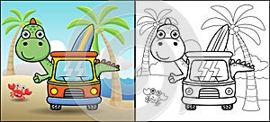 Coloring book or page, dinosaur cartoon on car carrying surfboard in the beach with funny crab