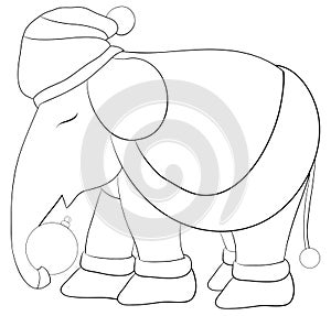 A coloring book,page an elephant wearing a Christmas cap,scarf