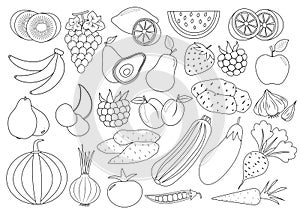 Coloring book page. Fruits, berries and vegetables cartoon