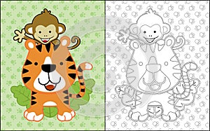 Coloring book or page with funny animals cartoon, tiger and monkey on animals trail background