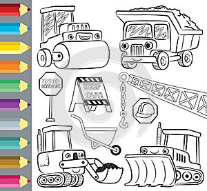Coloring book or page of funny construction vehicles cartoon, construction elements vector illustration