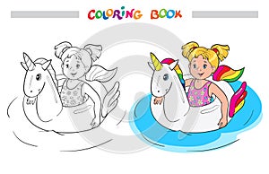 Coloring book or page. Happy little girl swim on rubber ring